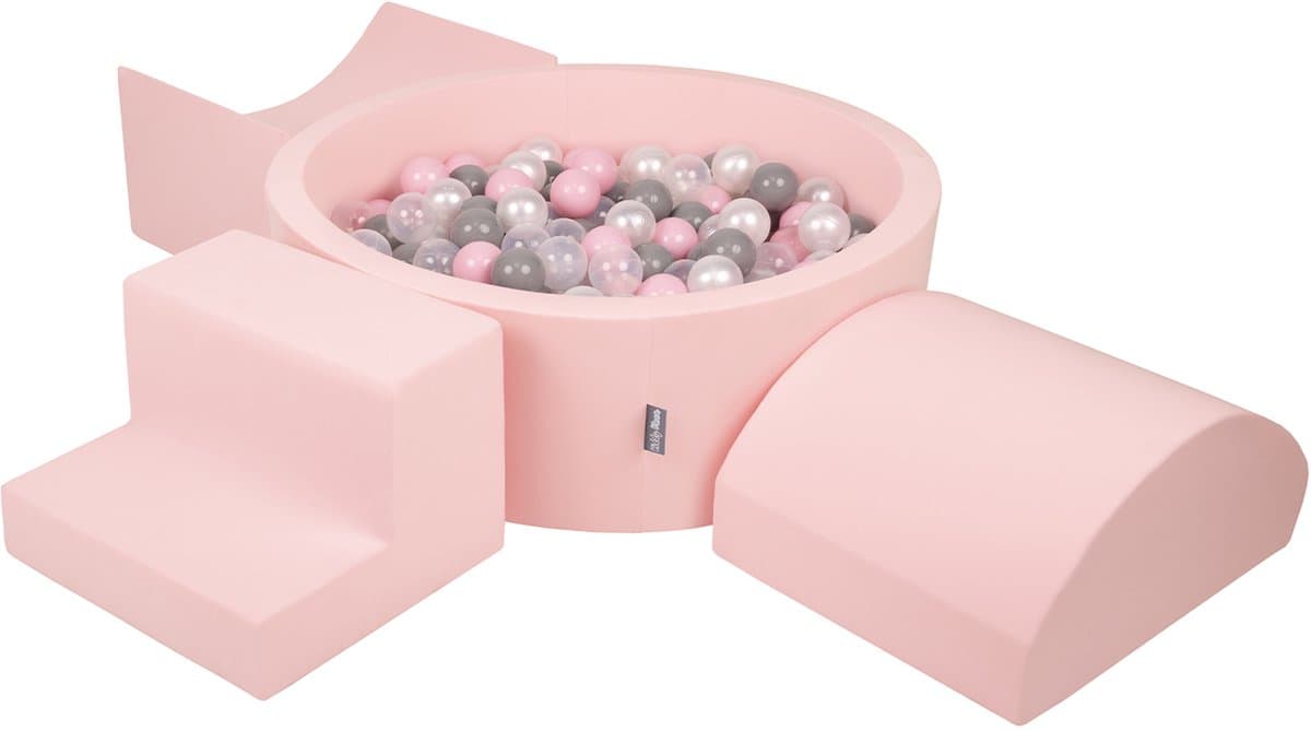 KiddyMoon schuimspeelplaats met rond ballenbad (200 ballen) ballenbakken voor baby's speelbad hindernisbanen, made in the eu, roze:pearl/grijs/transparant/powderroze