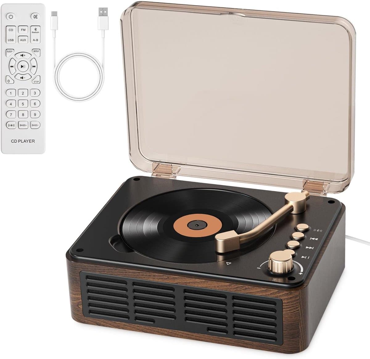 Draagbare CD Speler met Speakers - Hi-Fi Stereo Geluid - Retro CD Speler van Hout - Bluetooth voor Thuis - FM Radio - USB/AUX/Type-C Afspelen - Inclusief Afstandsbediening