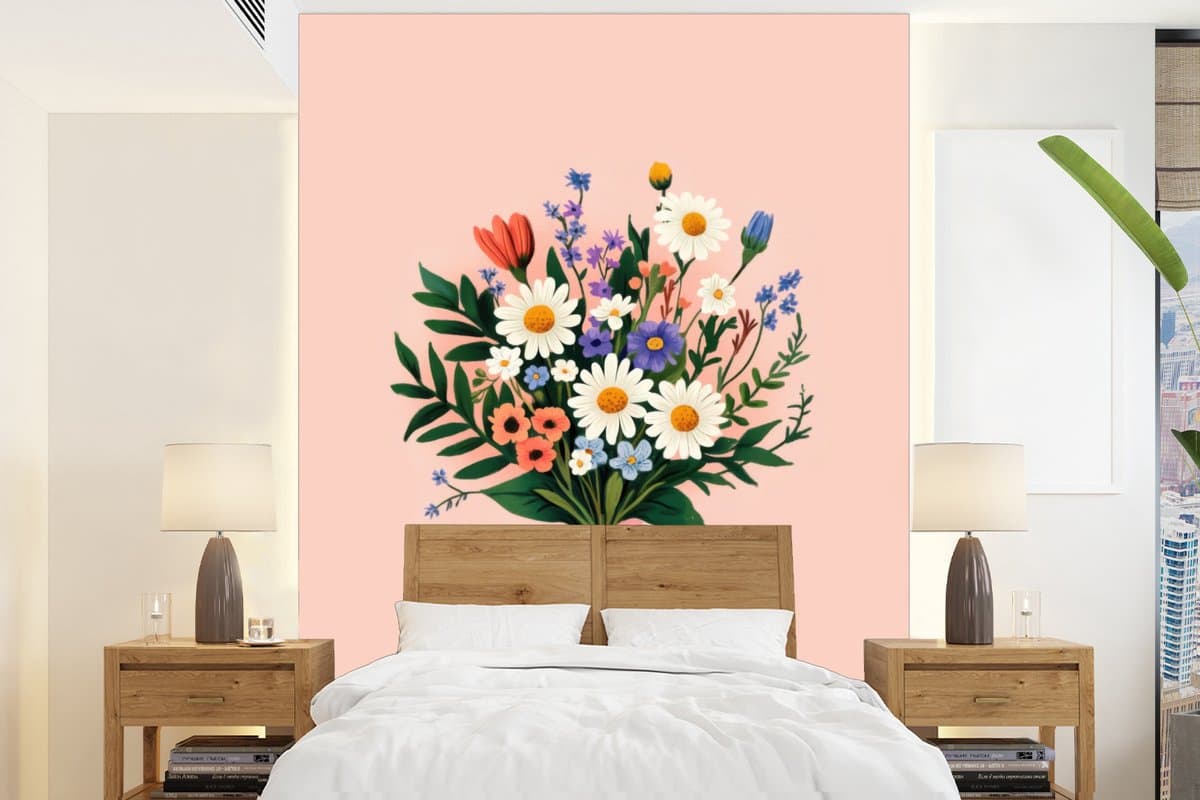 Behang - Fotobehang Margrieten - Boeket - Strikje - Roze - Breedte 205 cm x hoogte 280 cm