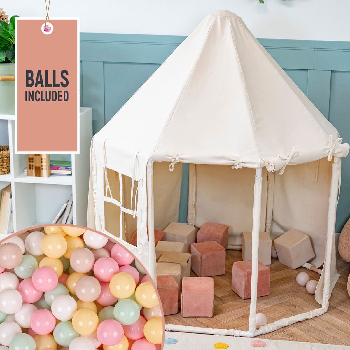 KiddyMoon Speeltent Kindertent Met 200 Ballen Opvouwbaar Voor Kinderen Paviljoenvormig Kinderhuis Gemakkelijk In elkaar te zetten Om Binnen En Buiten Te Spelen, Natuurlijke Kleur:Pastel Beige/Pastelgeel/Wit/Mint/Poederroze