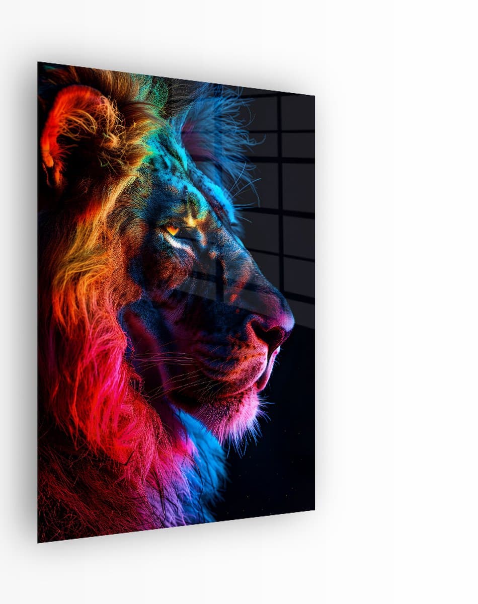 Indoorart - Glasschilderij Leeuw Regenboogkleuren 60x90 CM - Afbeelding op plexiglas - Inclusief montagemateriaal