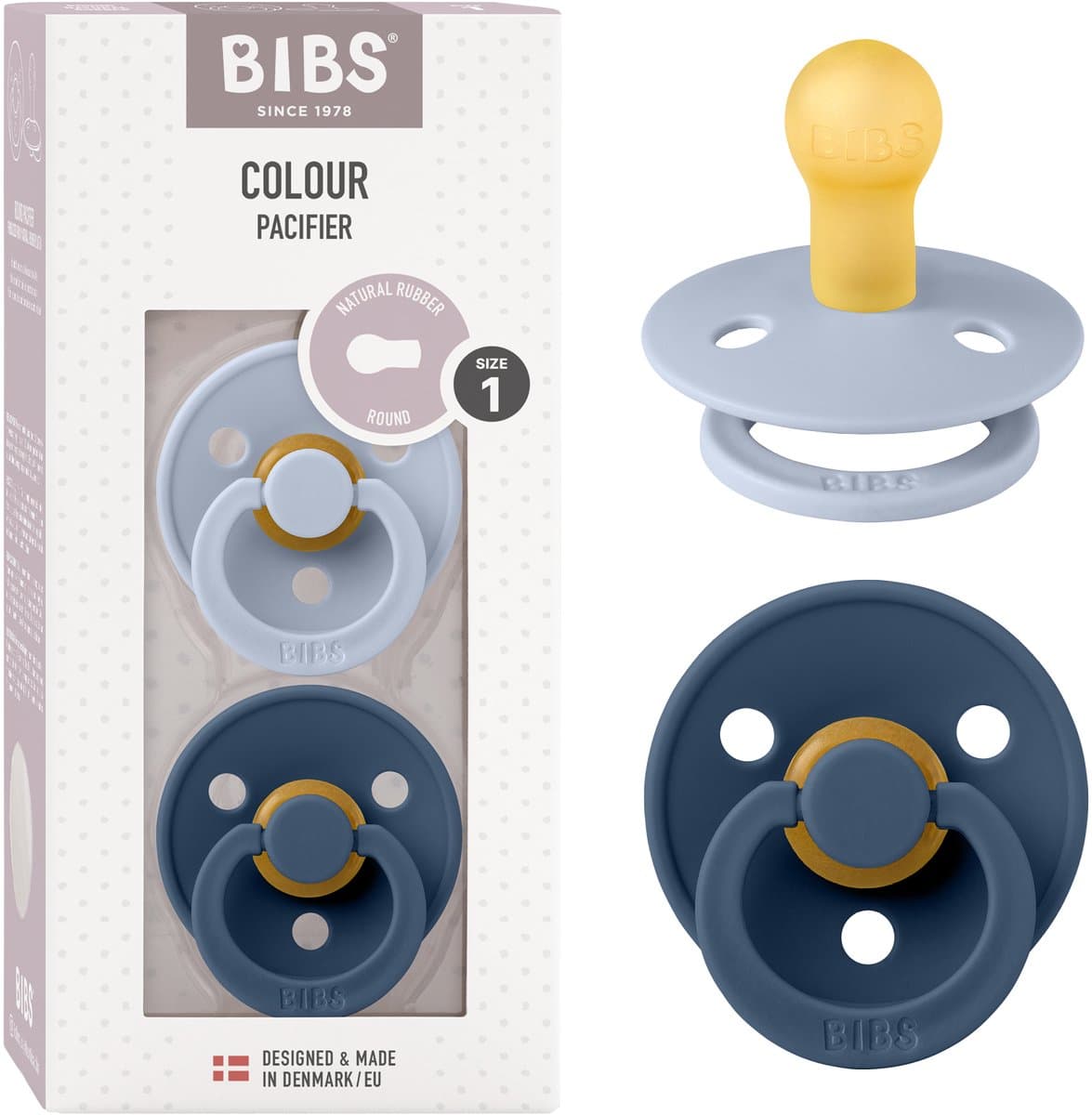 BIBS Colour Speen verpakking van 2 stuks. BPA-vrij, Ronde speen. Natuurlijk rubberlatex, Denmark. Maat 1 (0-6 maanden), Dusty Blue / Steel Blue
