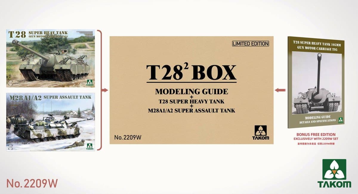 Takom Modelbouwpakket Militaire voertuigen - 2209W T28 BIG BOX - T28 Super Heavy Tank - M28A1/A2 Super Assault Tank - Amerikaanse Tankjagers Plastic - 1:35 - Modelbouw