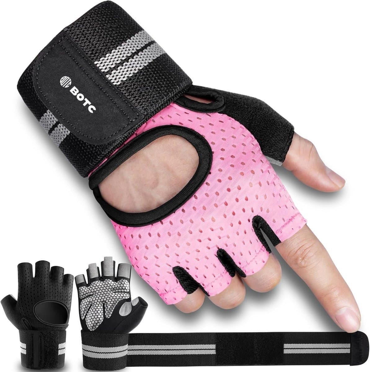 BOTC Fitness Handschoenen - Gevoerde gewichthefhandschoenen met polsbandage - Volledige handpalmbescherming - L - Roze