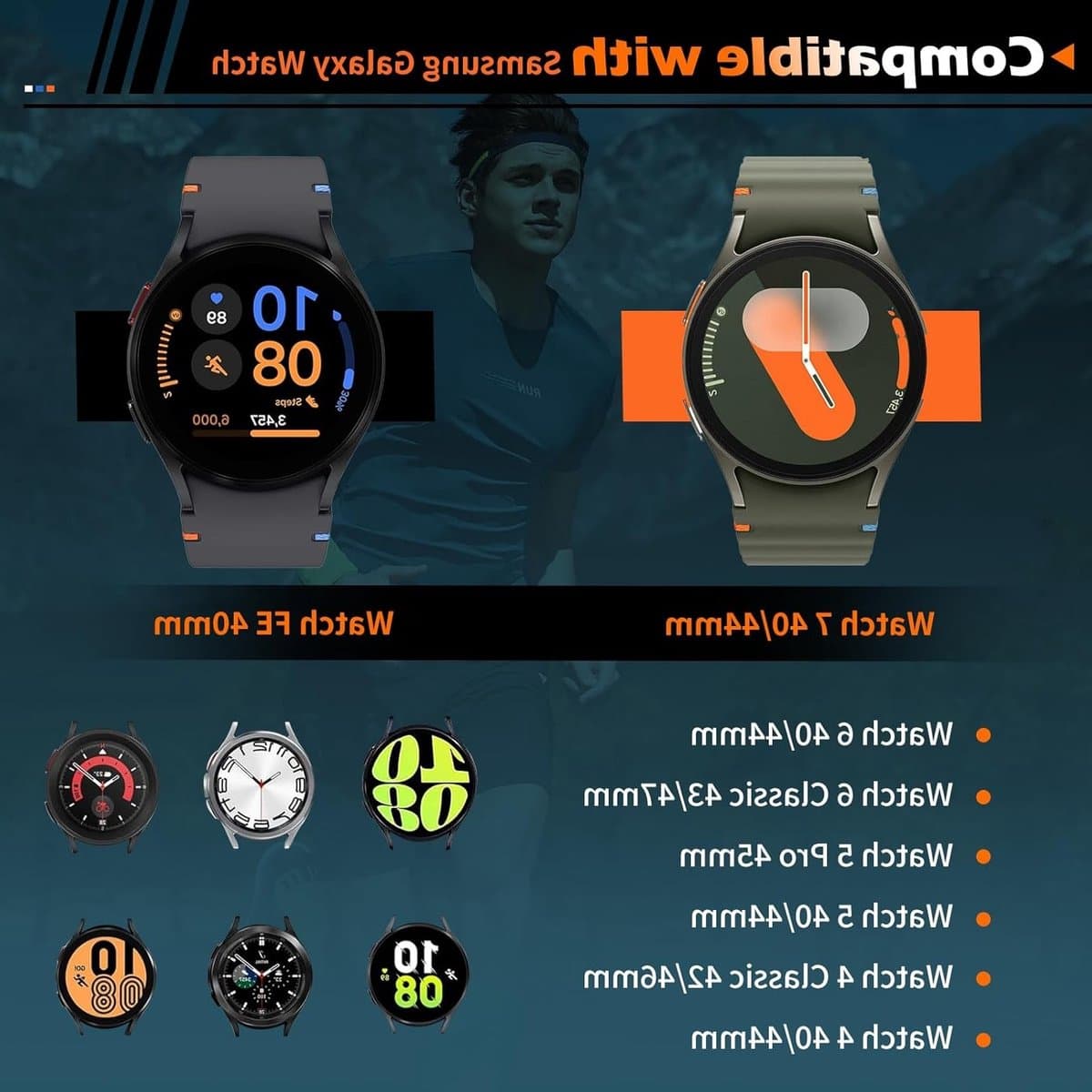 Zachte siliconen sportband vervangband voor Samsung Galaxy Watch 7/6/5/4, geschikt voor 40/44mm, zonder kieren, oranje kleur