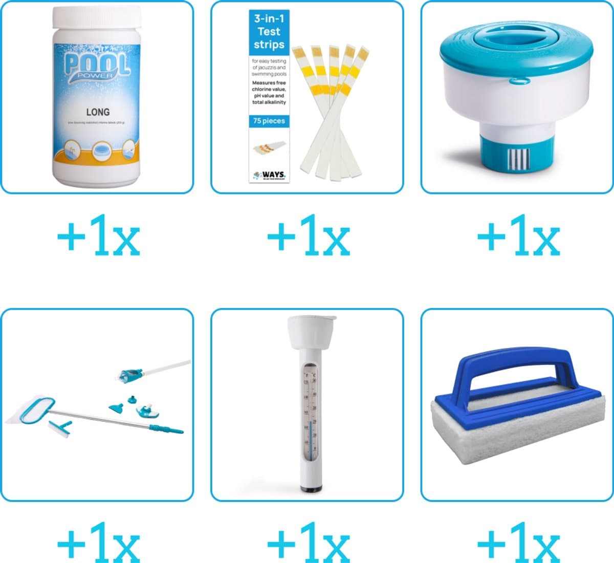 Zwembad Onderhoudspakket - Onderhoud Zwembad - bevat Chloor - Testrips - Chloordrijver - Schoonmaakset - Thermometer en Scrubborstel (6-delig)