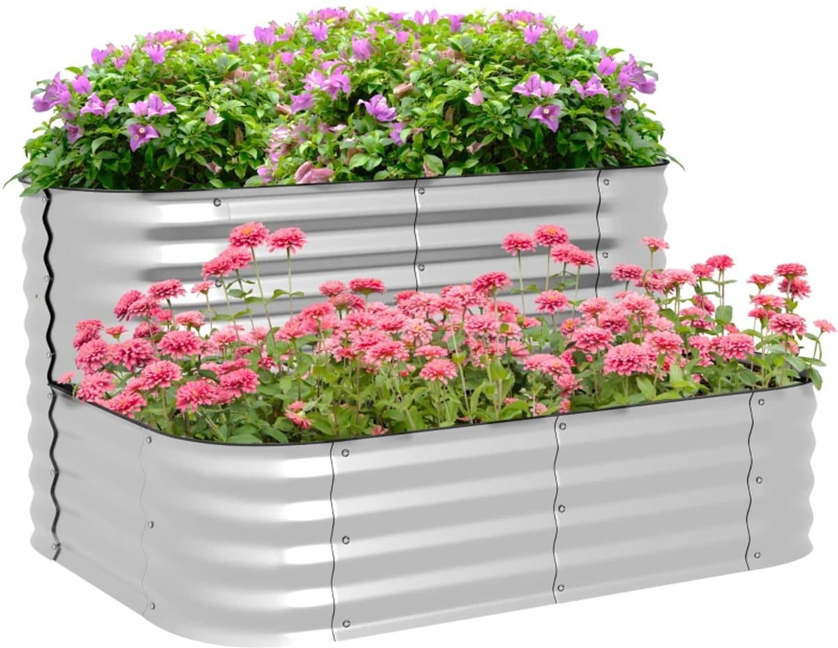 Plantenbak - Verhoogd Tuinbed - 2 Lagen - Weerbestendig - Open Onderkant - Bloembak - Plantenbed - Kweekbak - Moestuinbak - voor Buiten, Terras, Tuin & Balkon - voor Groenten, Bloemen & Kruiden - 120 x 90 x 30 cm - Zilver