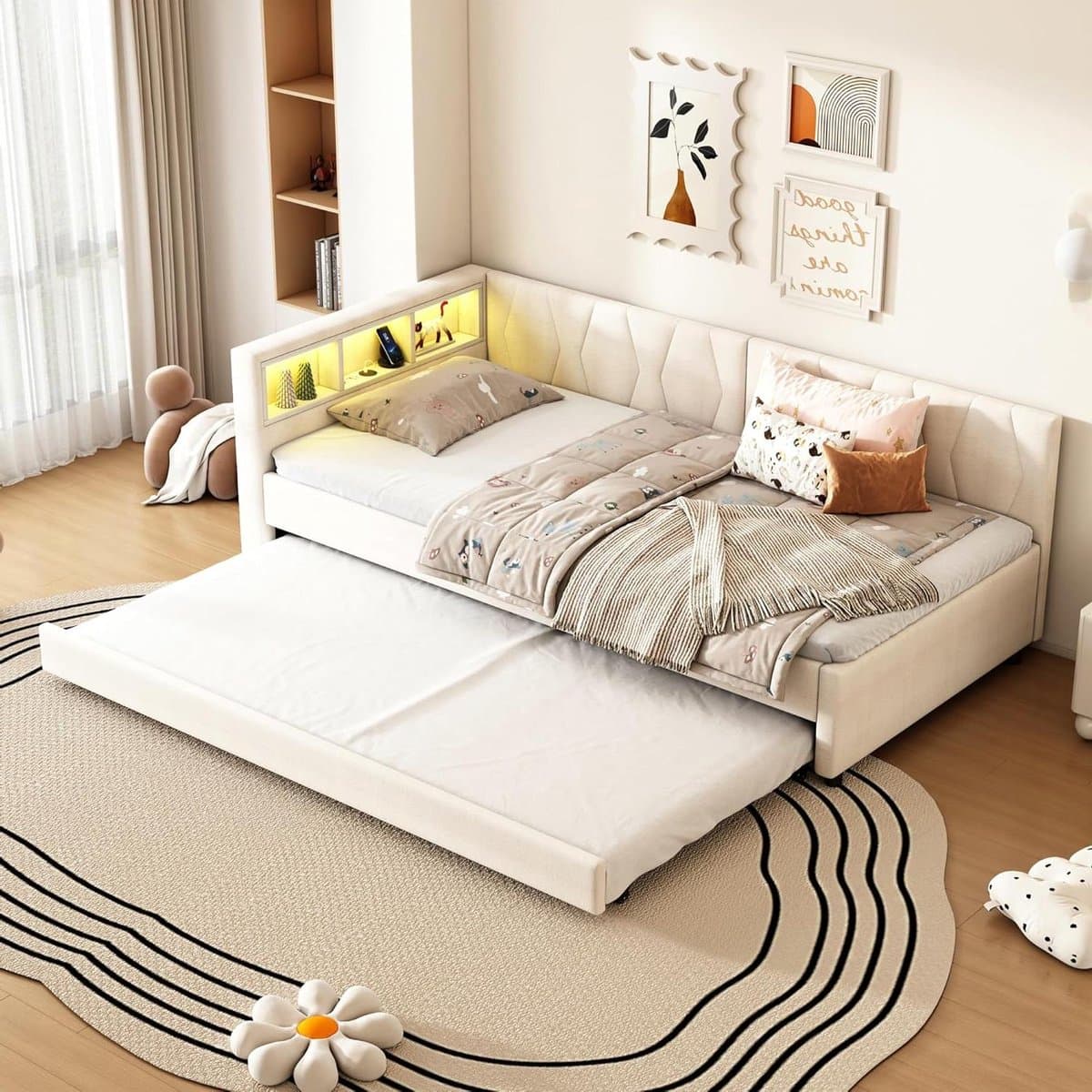 Slaapbank met Opbergruimte - Daybed Sofa Bed - Ruimte Besparen - Ingebouwde USB C - 90x200 cm - Beige
