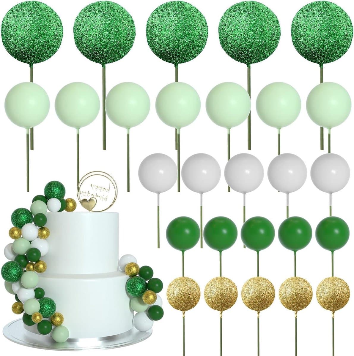 Taart Decoratie Ballen - Cupcake Toppers - Feestelijke Versiering - Verschillende Maten - 50 Stuks - Groen Serie