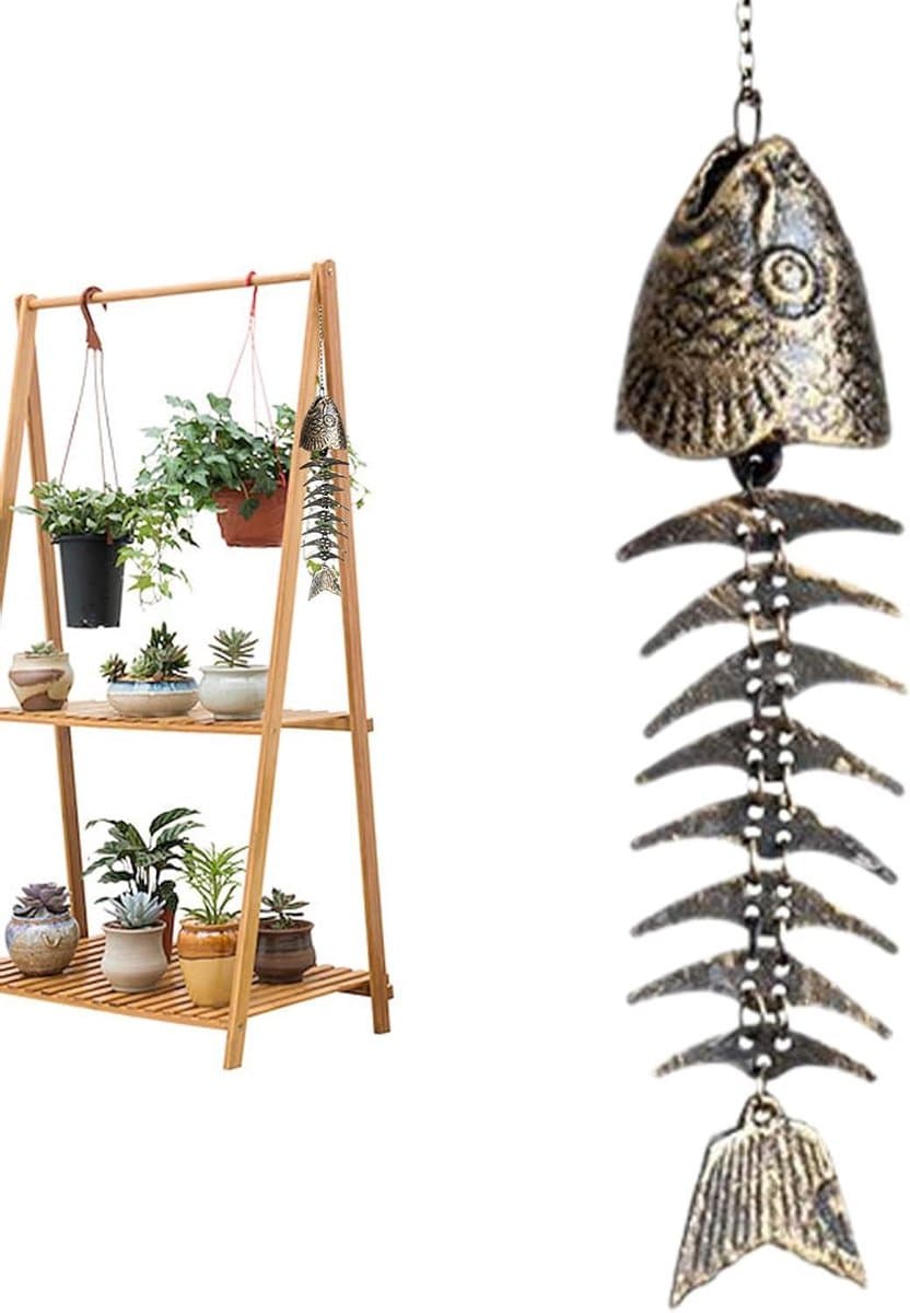 Windgong Buiten - Visdecoratie Tuin - Rustgevend Geluid - Artistiek Visgraat - 24 cm - Zwart