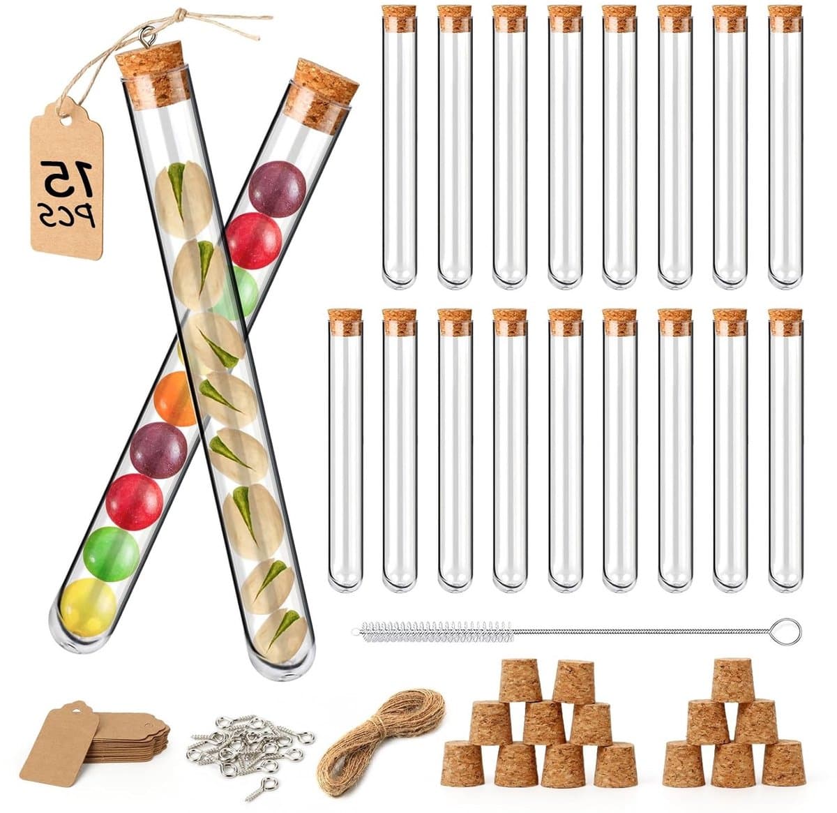 15 Plastic Proefbuisjes van 20ML met Kurk, Schoonmaakborstel en Hangertje voor Bloemen, Badzout en Chocoladesnoepjes, Perfect als Gastcadeau voor Feesten
