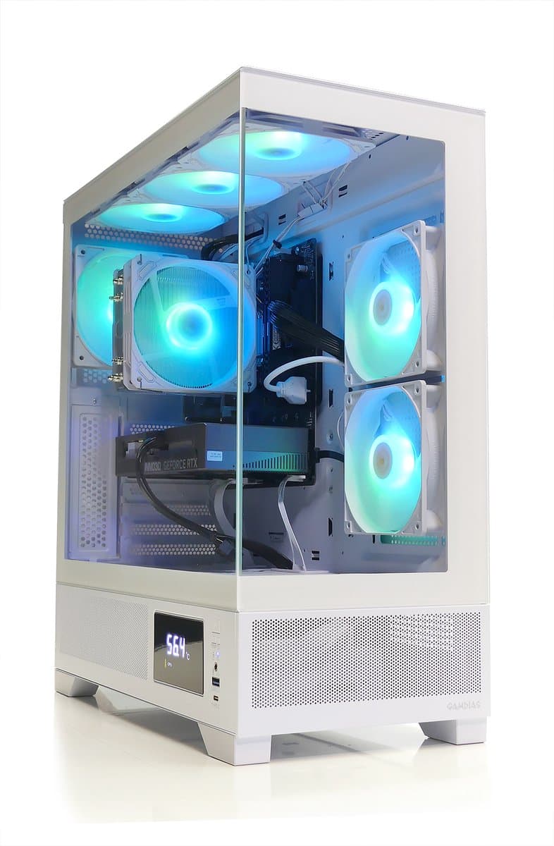 AMD Ryzen 5 7500X3D - Radeon RX 9070 XT 16GB - 32GB DDR5 RAM - 1TB SSD - WiFi 6 / Bluetooth 5.4 - Aquariumcase met Temperatuur Display en aRGB Towercooler - Gamdias Atlas M1 White