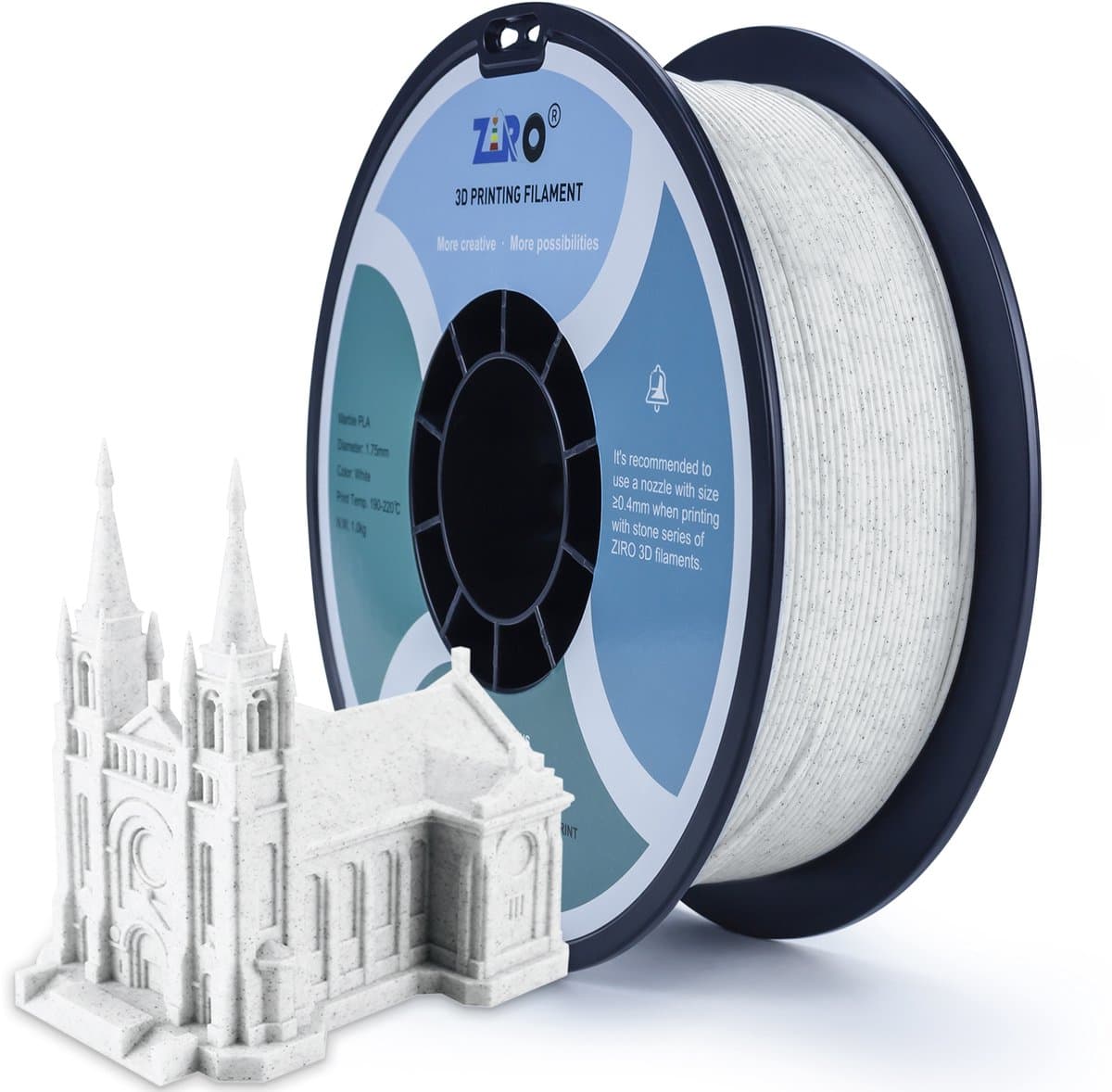 ZIRO Stone PLA Filament 1.75mm – 1KG – Marble (Marmer Wit) – Realistische Steen- en Architectuurafwerking – 3D Printer Filament