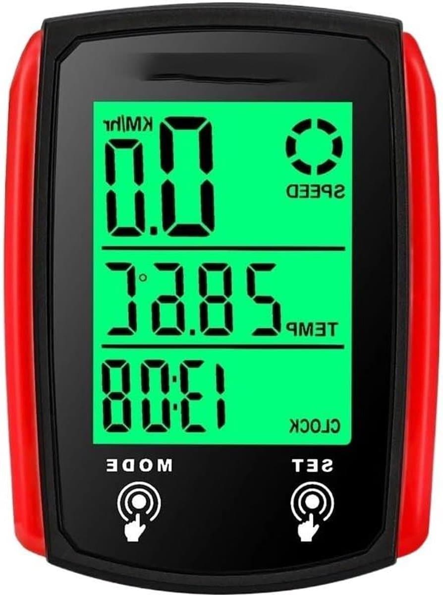 Fietscomputer Bedraad - Snelheidsmeter Kilometerteller - Fietsen Monitoren - Groot Duidelijk Display - 60x45x20mm - Zwart/Rood/Wit