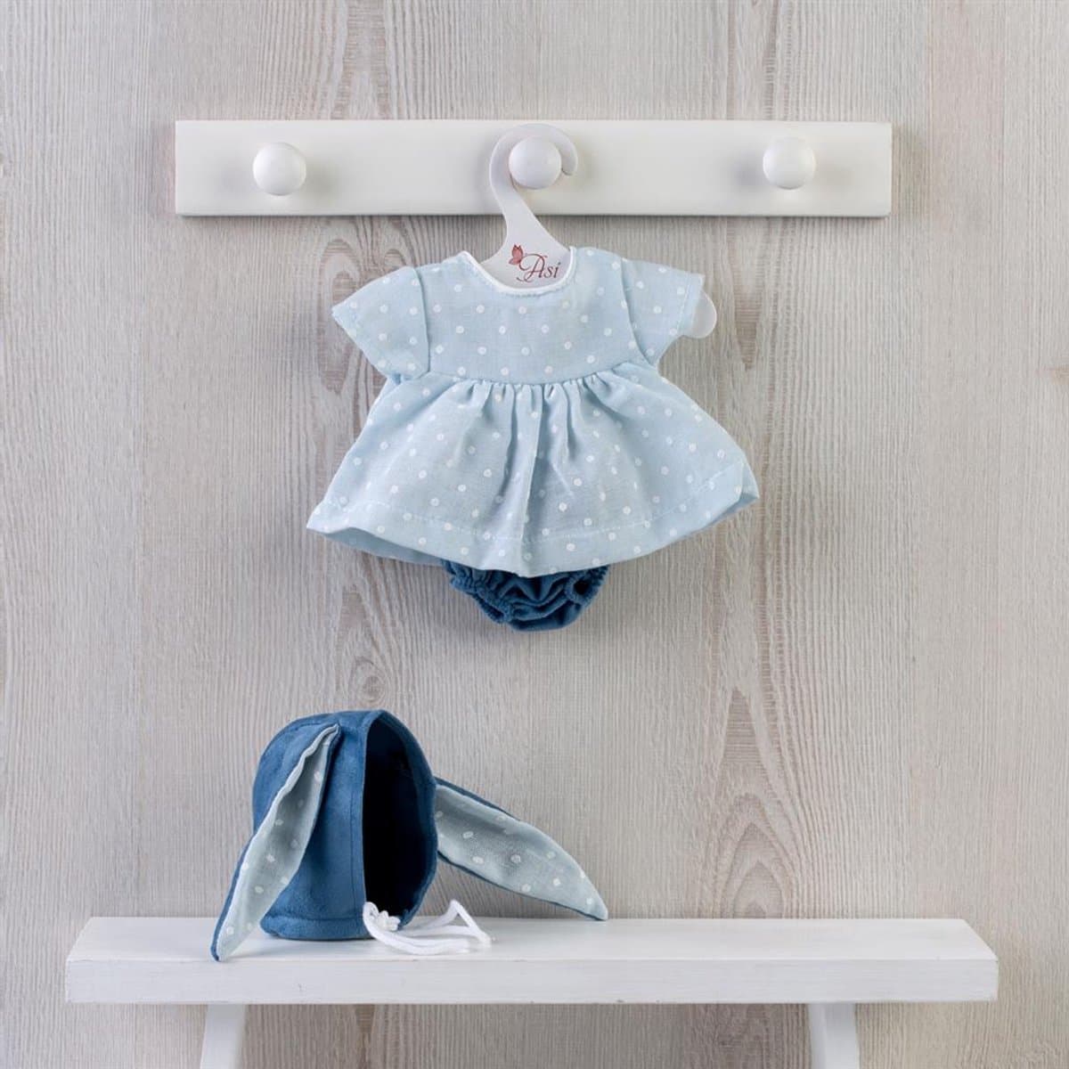 Asi poppenkleding - blauwe stippenoutfit met konijnenoren hoed.