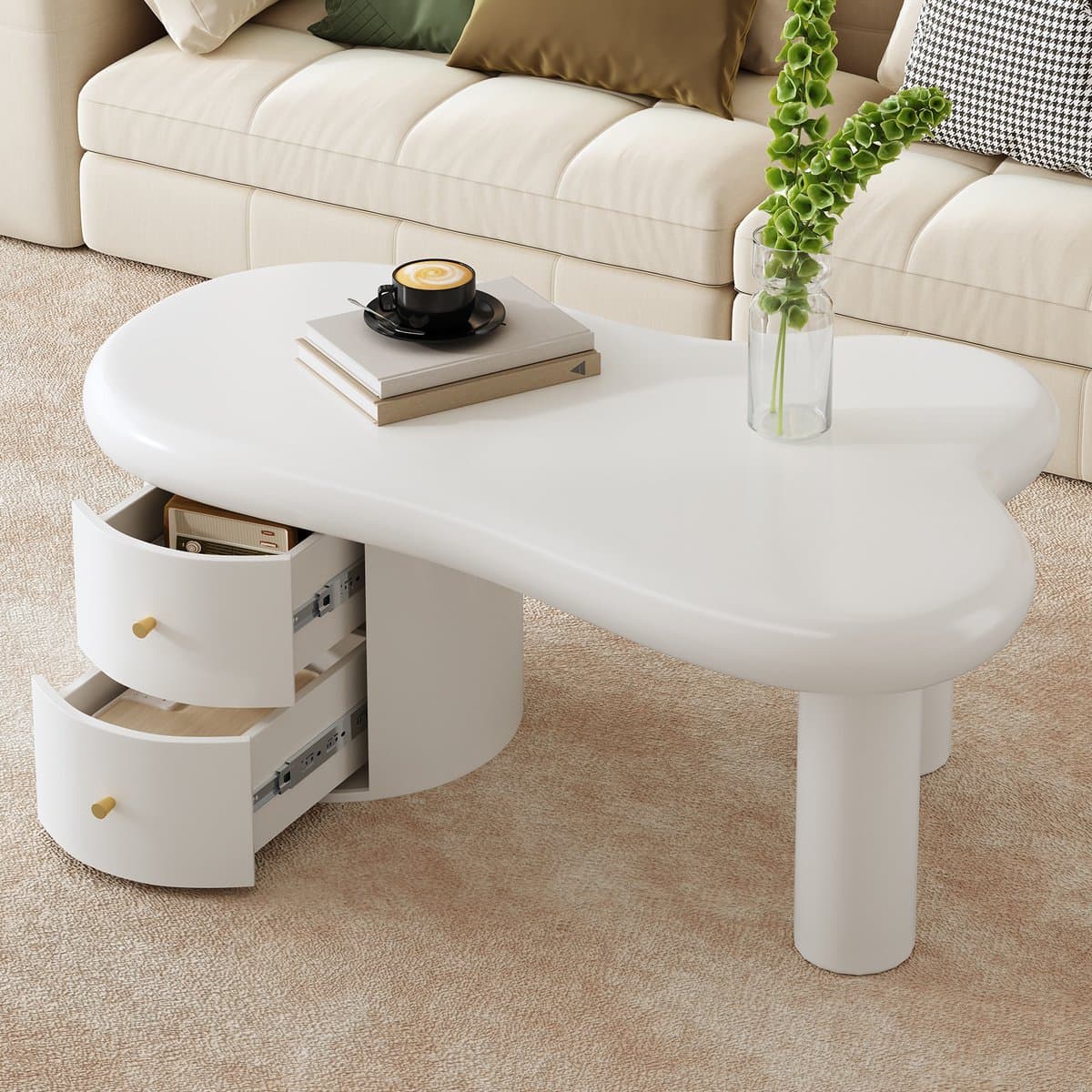 MODENUIT Salontafel - Organische Vorm Met 2 Lades - Voor Woonkamer En Opbergruimte - MDF Wit - 97x64x42 Cm