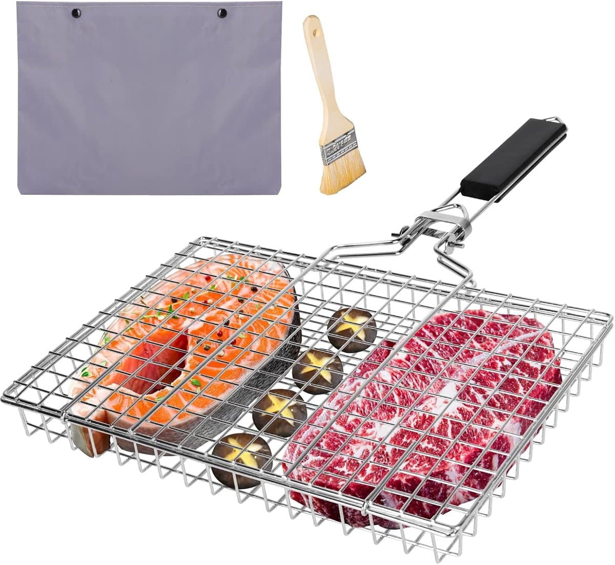 Barbecuegrillmand, vismand om te grillen, roestvrijstalen grillmanden met handvat, draagbare barbecuestandaard voor buiten, tuin en zwembad < Barbecue en p