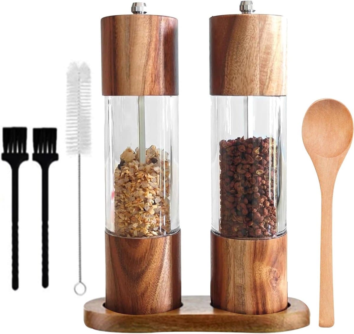 Set van 2 Houten Peper- en Zoutmolens met Verstelbare Keramische Kern en Transparant Venster, Handmatige Vullingen voor Specerijen en Fenegriek met Houten Tray