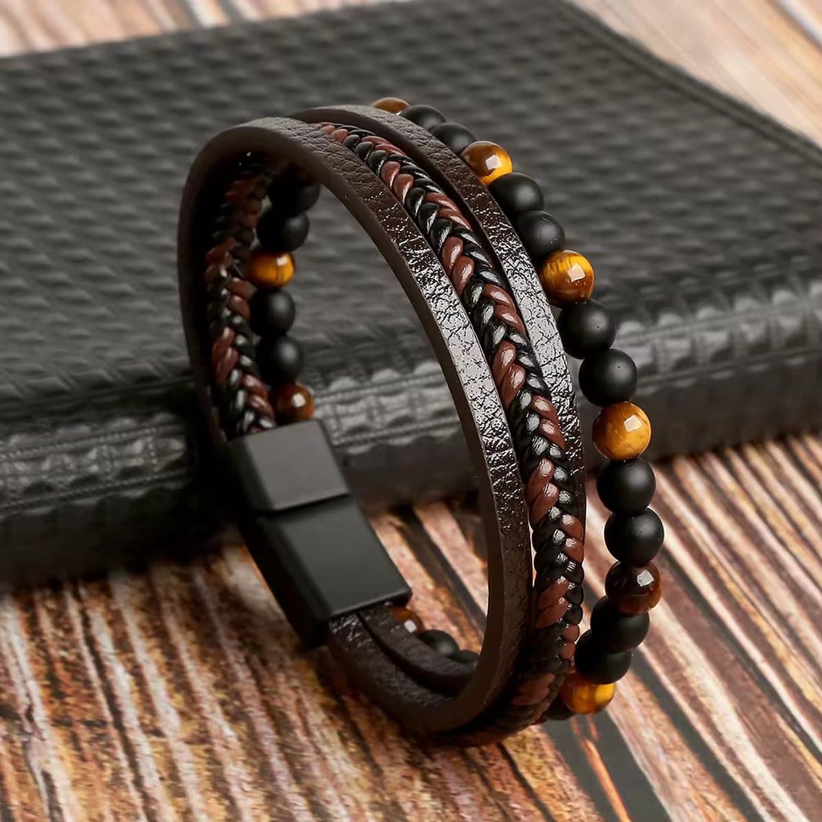 KHRONOX® Armband, Armband Heren, 19 cm, BRUIN, Natuurstenen, Armbanden, Leren Armband Heren, Leren Armband, Leren Armbanden, Armbandje, Kunstleer, Mannen, Magnetische Sluiting, + 2 CM Verlengstuk, Verjaardag, Vaderdag, Valentijnsdag, Cadeautje