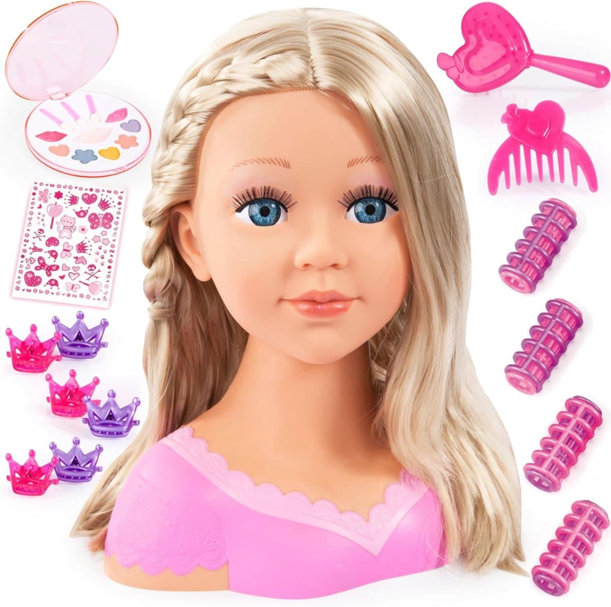 Aura® Kaphoofd voor Meisjes - Sminkpop Met Make up Voor Kinderen - Makeup pop - Kappop - Schminkpop voor Meisjes - Opmaakpop / Kapkop met Haar Accessoires - Speelgoed Kaphoofd - Roze Blond - 24cm x 13cm x 27cm