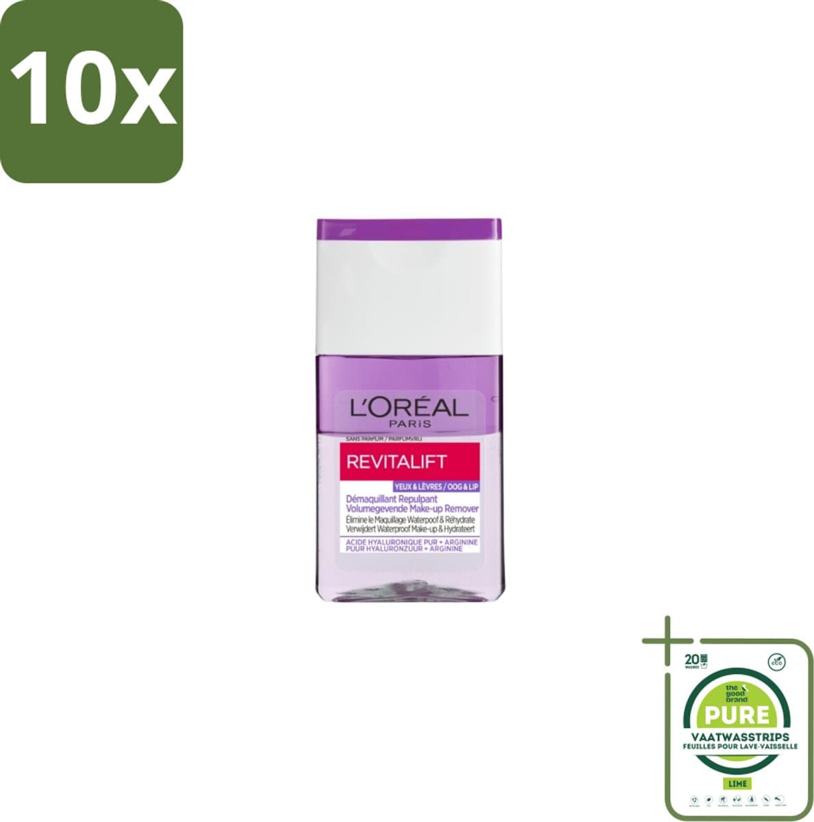 10 x L'Oréal Revitalift Volumegevende Make-up Remover 125 ml - Grootverpakking - Make-up Verwijderen Ogen - Make-up Verwijderen Lippen - Make-up Verwijderen Waterproof - Make-up Verwijderen Gevoelige Huid - Hyaluronzuur Make-up Remover