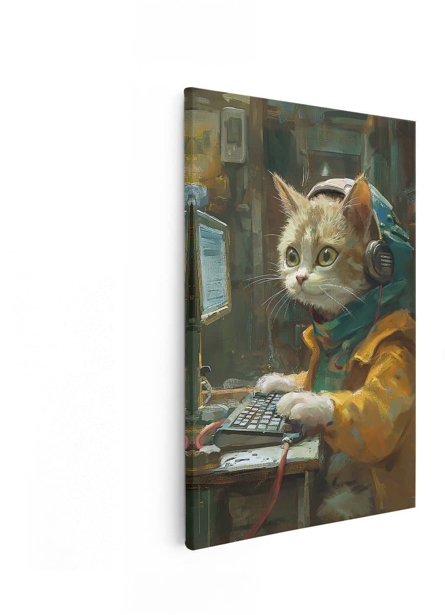 Artaza Canvas Schilderij Kat Met Koptelefoon - 60x90 cm - Wanddecoratie Gaming - Muurdecoratie Dieren - Schilderij Kinderkamer - Oranje