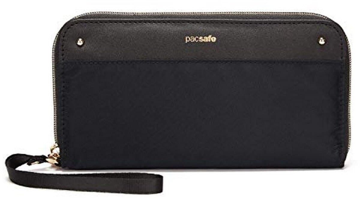 Pacsafe Portemonnee - 21 x 16.5 x 3 cm - Pasjeshouder - RFID-beveiligd - Inclusief Veiligheidsketting - Lichtgewicht - Veelzijdige Opslag - Polyester - Zwart