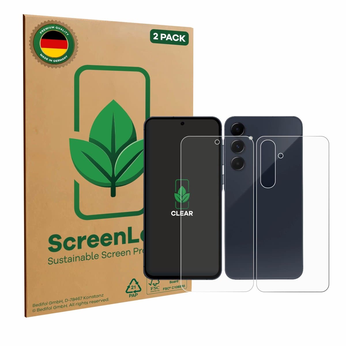 ScreenLeaf - Screenprotector voor Samsung Galaxy A55 5G Enterprise Edition (Voor+Achter) - Duurzame schermbescherming Folie Beschermfolie transparant 2 Stuks