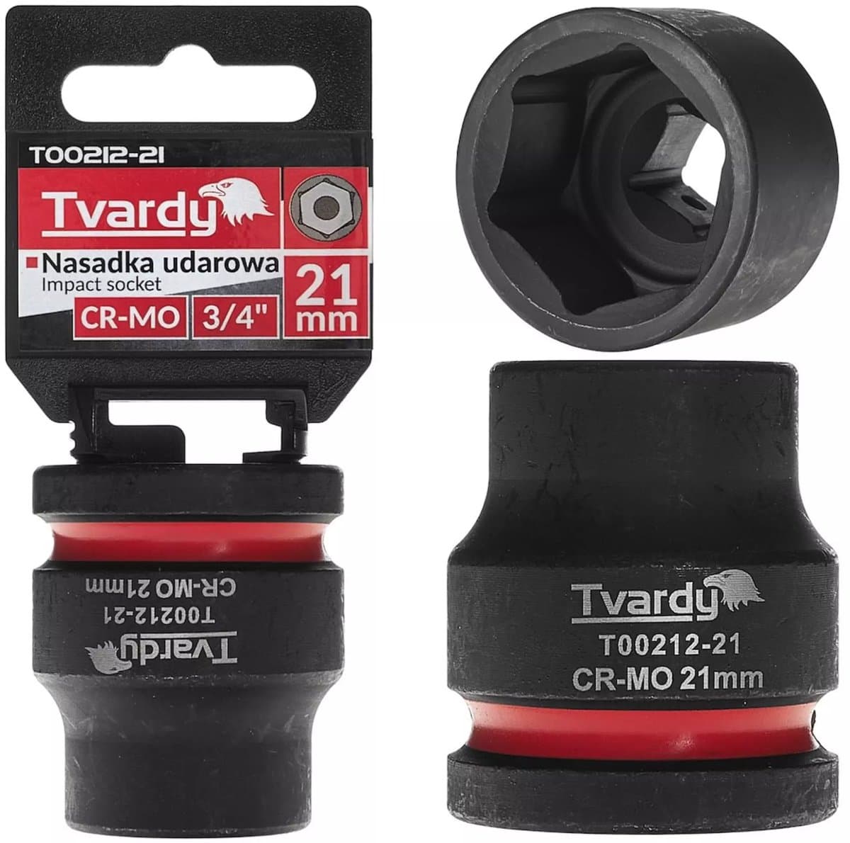 Tvardy Slagdop zeskant kort - chroom-molybdeenstaal - 21 mm dop, aandrijfvierkant 19 mm - zwart - voor slagmoersleutel, auto-industrie en werkplaats