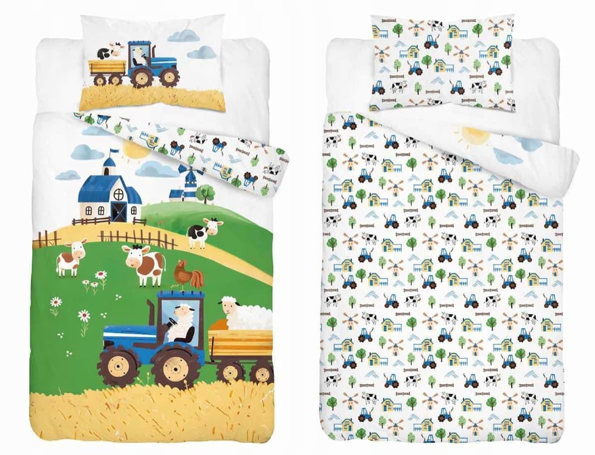 Kinderbeddengoed Boerderij Blauwe Tractor 90x120cm Katoen