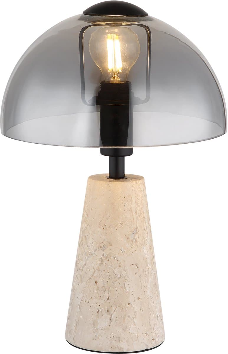 Tafellamp travertin steen grijs bedlamp gerookt glas paddenstoel tafellamp woonkamerlamp, 1x E14, DxH 20 x 31 cm