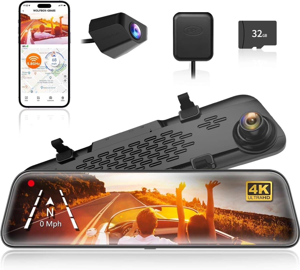 WOLFBOX Spiegel Dashcam Achteruitrijcamera, 12" IPS Volledig Touchscreen, 2160P HD Dual Lens Slimme Achteruitkijkspiegel voor Auto’s en Vrachtwagens, HDR Stream Media met Nachtzicht, Inclusief Gratis 32GB TF-kaart