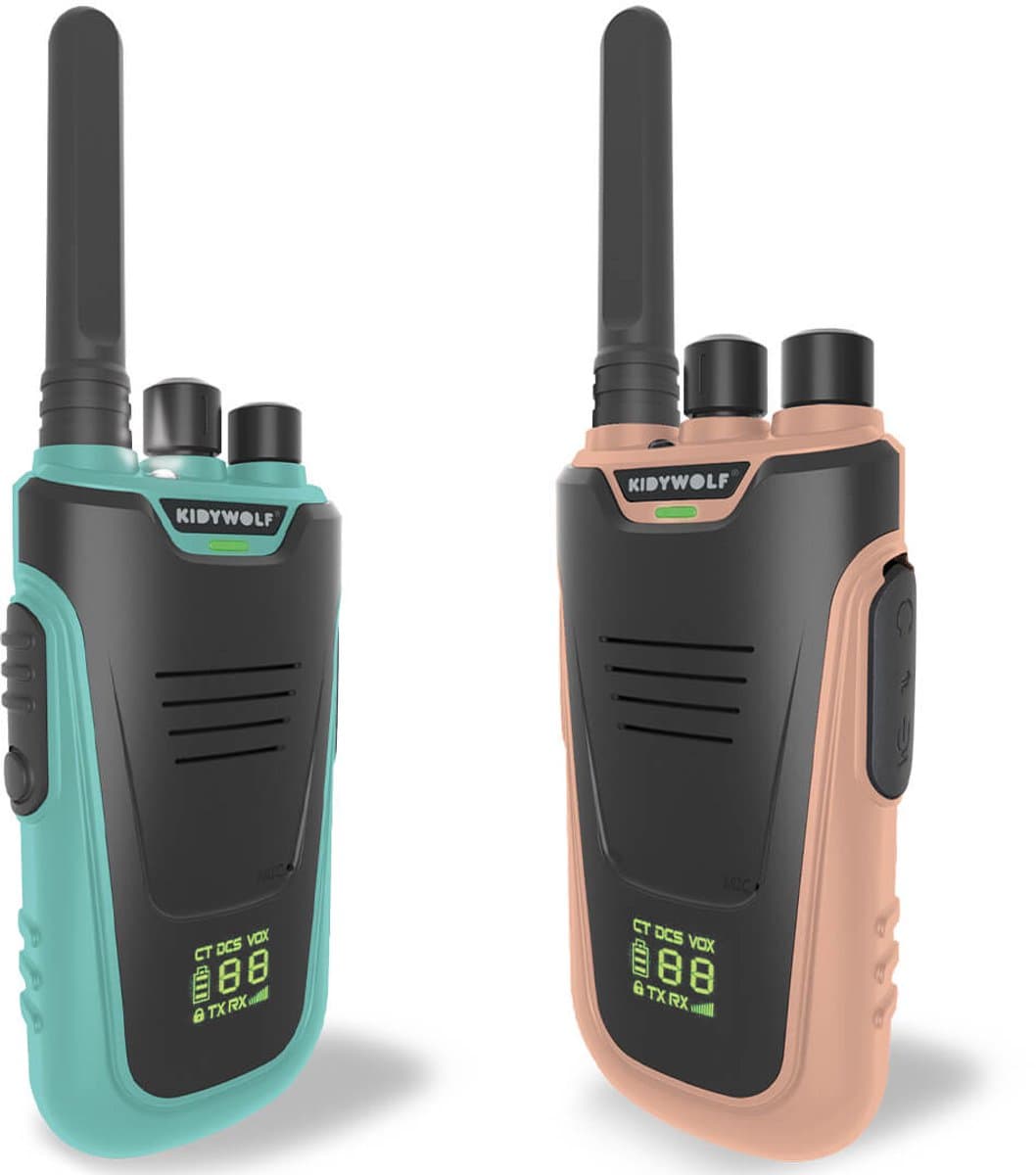 KIDYWOLF KIDYTALK Walkietalkies voor Kinderen - Set van 2 - Bereik tot 6 km - Oplaadbaar - Zaklamp & Verlicht Display - Vanaf 5 Jaar - Nude & Cyan