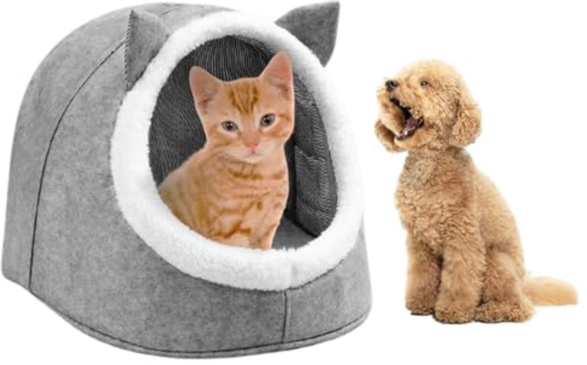 Felt Kattenbed met Oortjes - Gezellig Dierennest voor Katten en Honden - Grijs