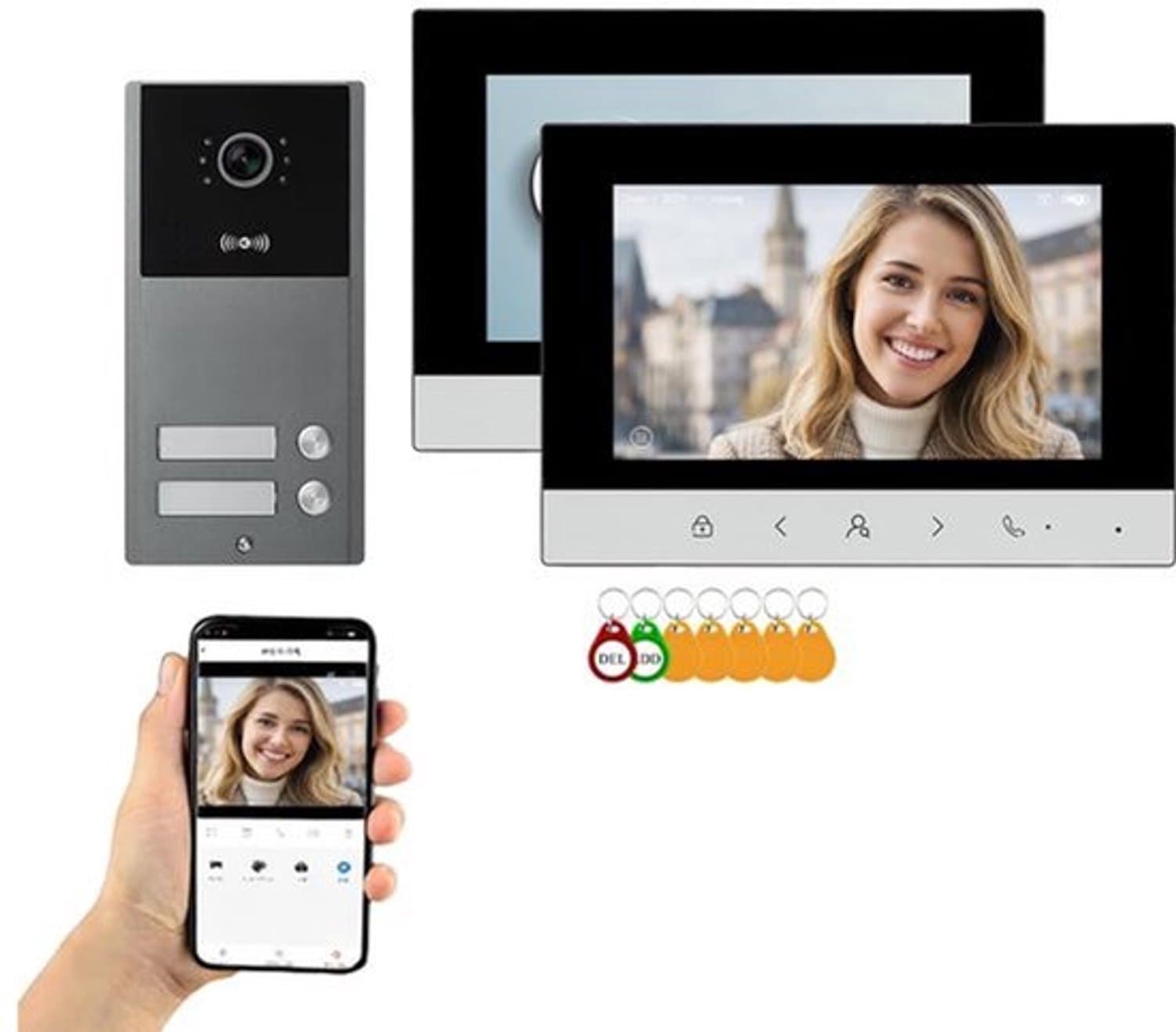Deurbelset Video Intercom Systeem 2 Monitoren - 7 Inch Scherm - 4-Draads Aansluiting - IP65 Buitenunit - Voor Woning En Kantoor