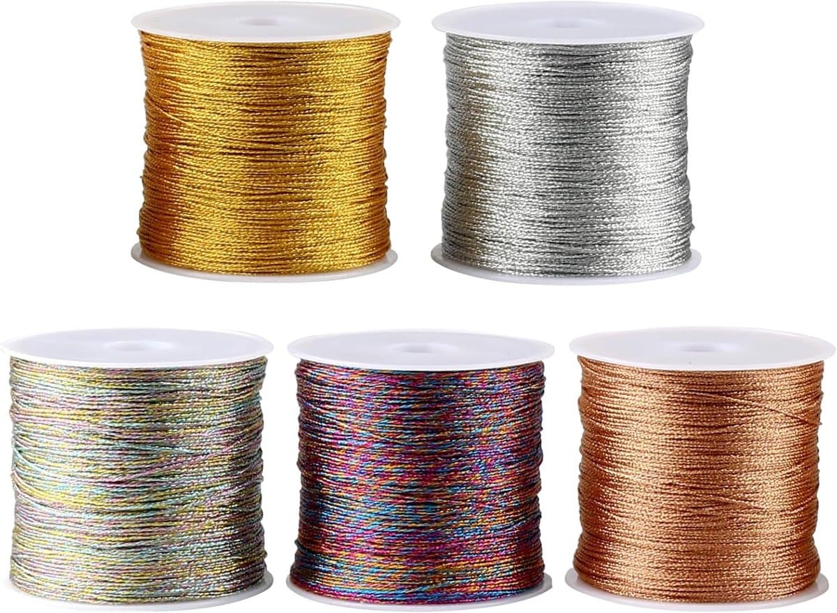5 rollen metallic koord, metallic koord om te knutselen, 250 m gouddraad, zilverdraad, zijden draden voor doe-het-zelf knutselen, armband, sieraden en kettingen, rol 0,4 mm x 50 m (5 kleuren)