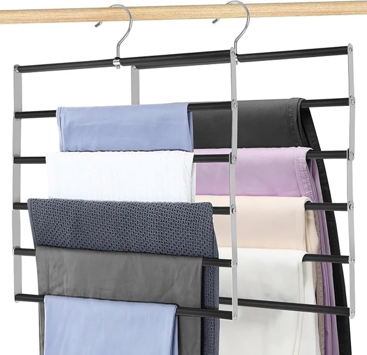 PolkaHome Opvouwbare Broekhanger 2 stuks - Ruimtebesparende Kledinghanger met 5 Trappen en Antislip - RVS
