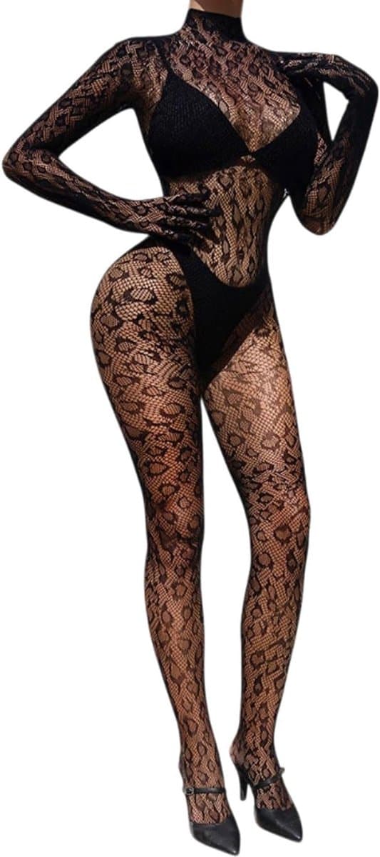 Lingerie voor dames, bodystocking, sexy, luipaard, eendelig, sexy, transparant, met lange mouwen, elastisch net, voor ondergoed, pyjama, teddy babydoll, zwart