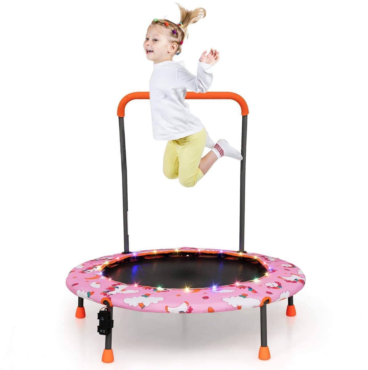 COSTWAY Φ92 cm Kindertrampoline Gevoerde Veiligheidshandgreep voor Kinderen 3 – 6 jaar met Led-Verlichting Ronde Springmat en Beschermhoes-Roze