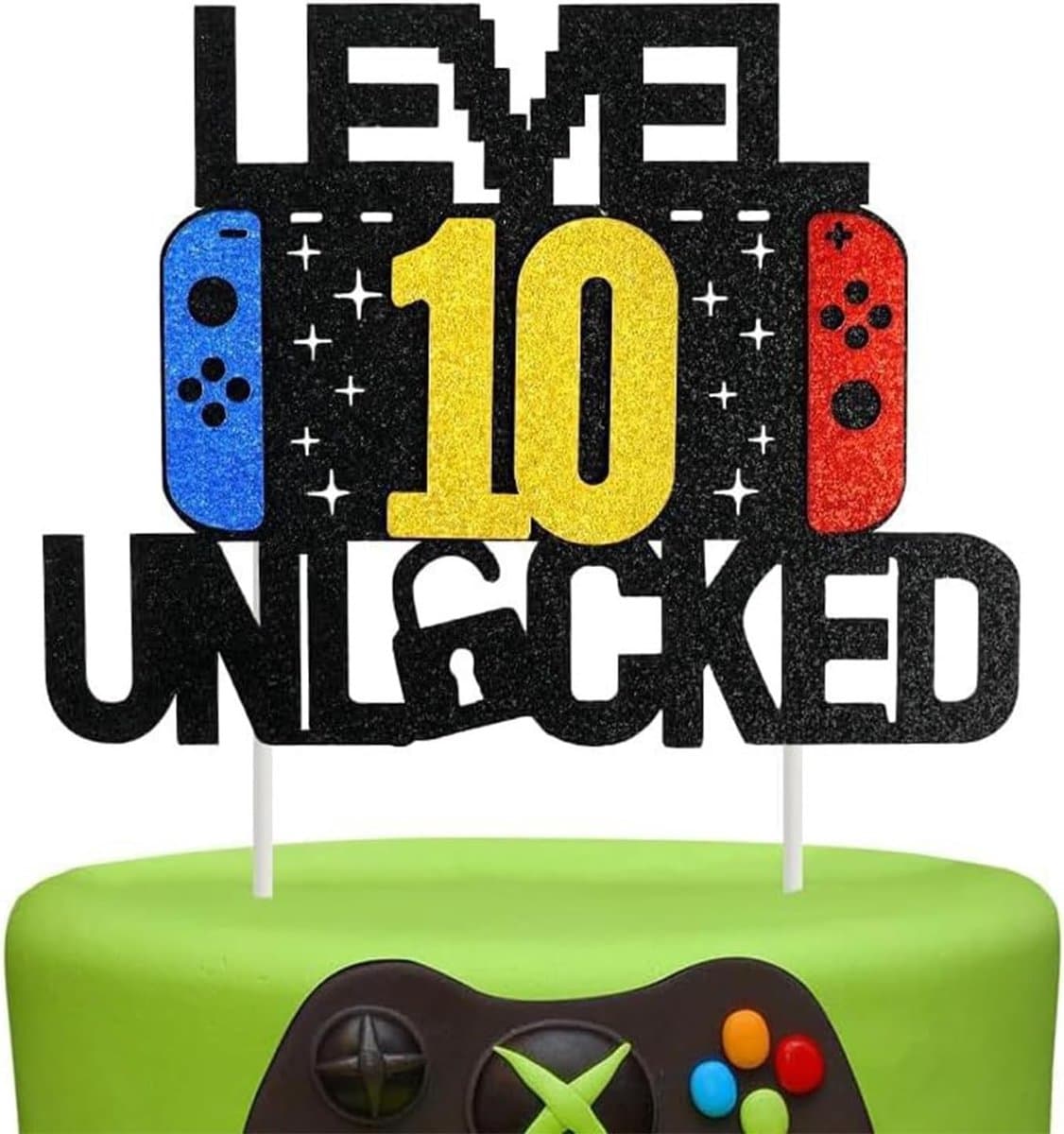 Verjaardagstaartdecoratie voor 10e verjaardag met thema videogames, glinsterende cupcake toppers en gameconsole versiering