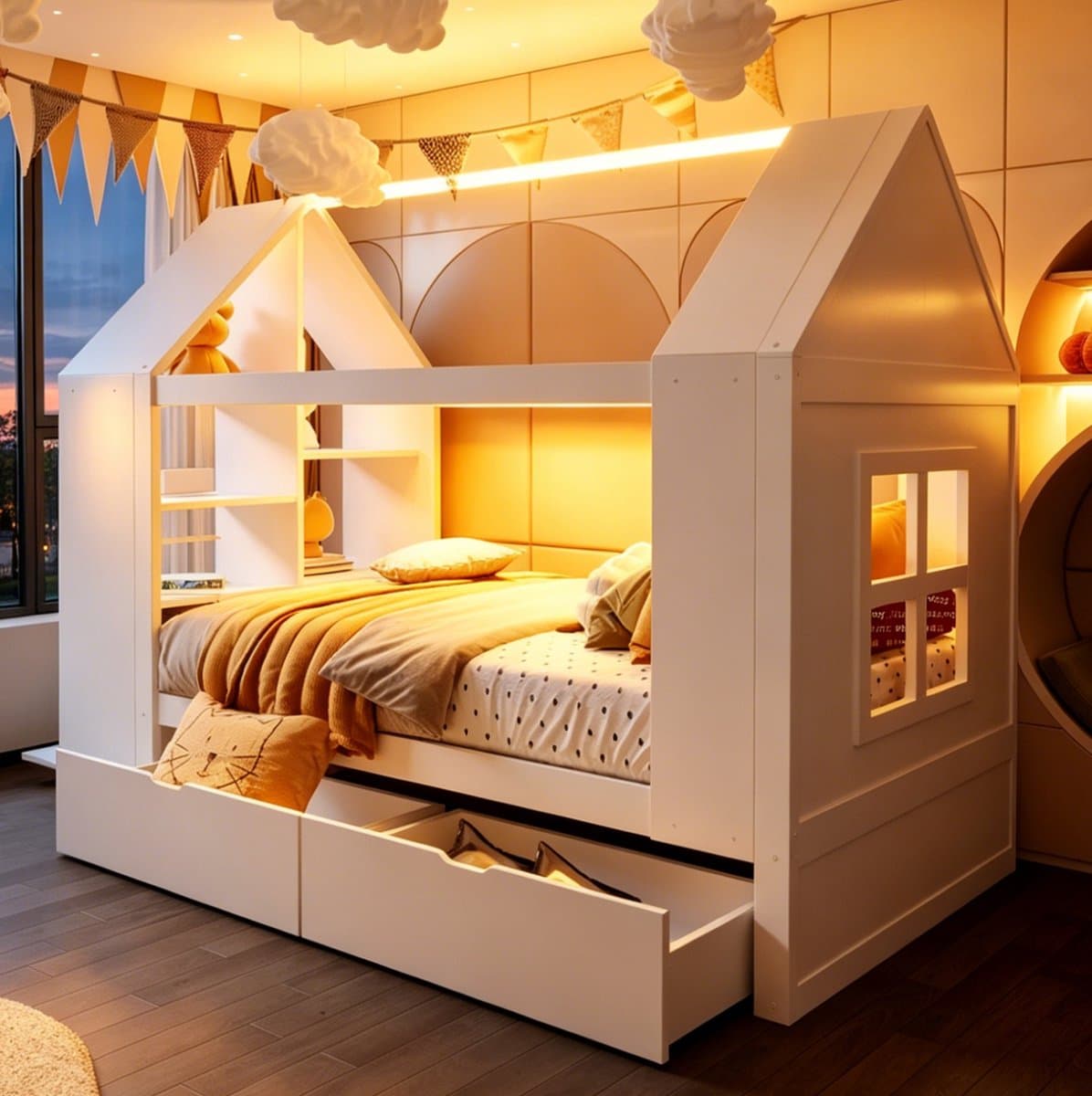 Wishdor Kinderbed 90x200 cm - huisvormig design - met twee lades en LED verlichting - opbergruimte - wit - massief hout en MDF