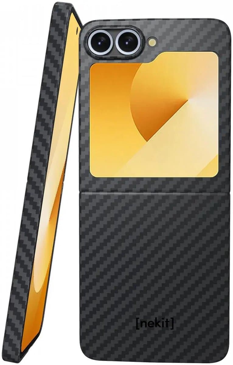 NEKIT Fiber Hoesje Geschikt voor Samsung Galaxy Z Flip 7 FE / 6 - Compatibel met MagSafe - Kevlar Aramidevezels 1500D - Back Cover Ultra Dun - Grijs/Zwart
