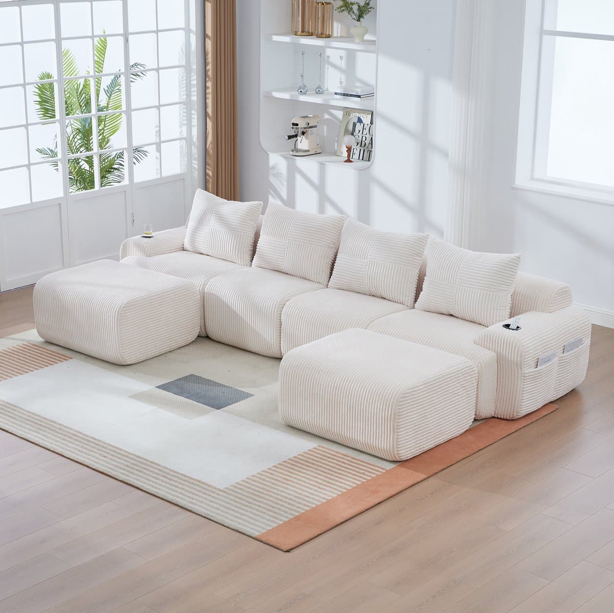 FloraGrace Set Bank 333 Cm - Modulaire 4-Zits Met 2 Hockers, Bekerhouder En Opbergvak - Voor Woonkamer Of Familiekamer - Corduroy - Beige