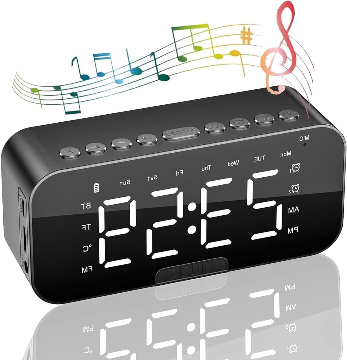Digitale Wekker - Nachtkastje Klok - Wakker Worden - Met Bluetooth Speaker - 5.4 Inch Display - Zwart