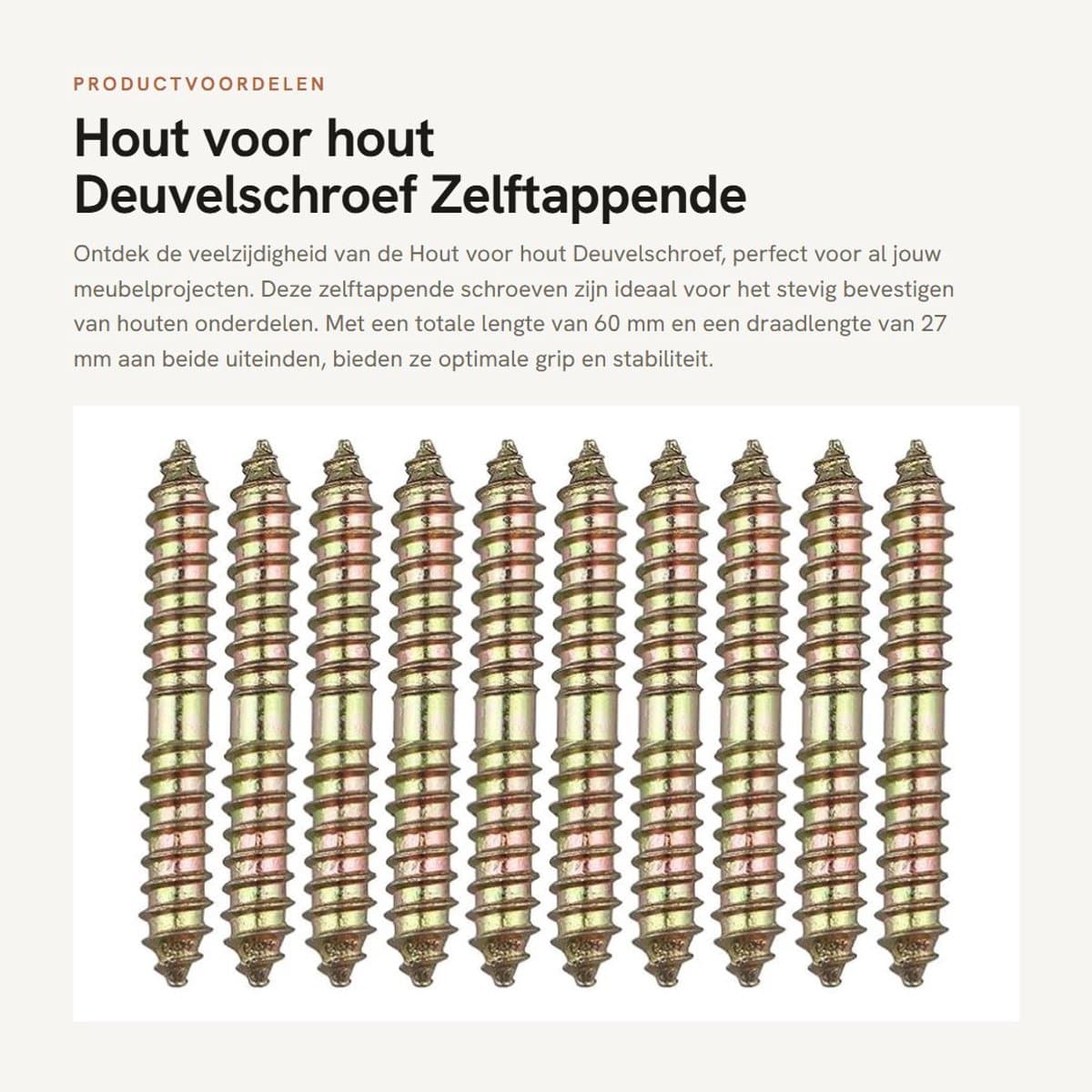 Dailygoods- Schroeven M8 - Hout voor Hout Deuvelschroef - Zelftappende Schroeven - 10 Stuks - Bronskleur - Totale Lengte 60 mm