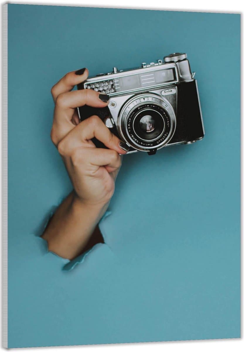 Acrylglas –Hand door Blauwe Muur met Camera – 60x90 (met ophang)