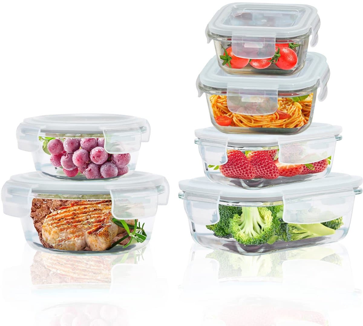 ROSOS Glazen bewaardozen met deksels, 6-pack luchtdichte voedselcontainers met deksels, BPA-vrij en lekvrij, glazen voedselcontainers met deksels voor oven/vriezer, grijs