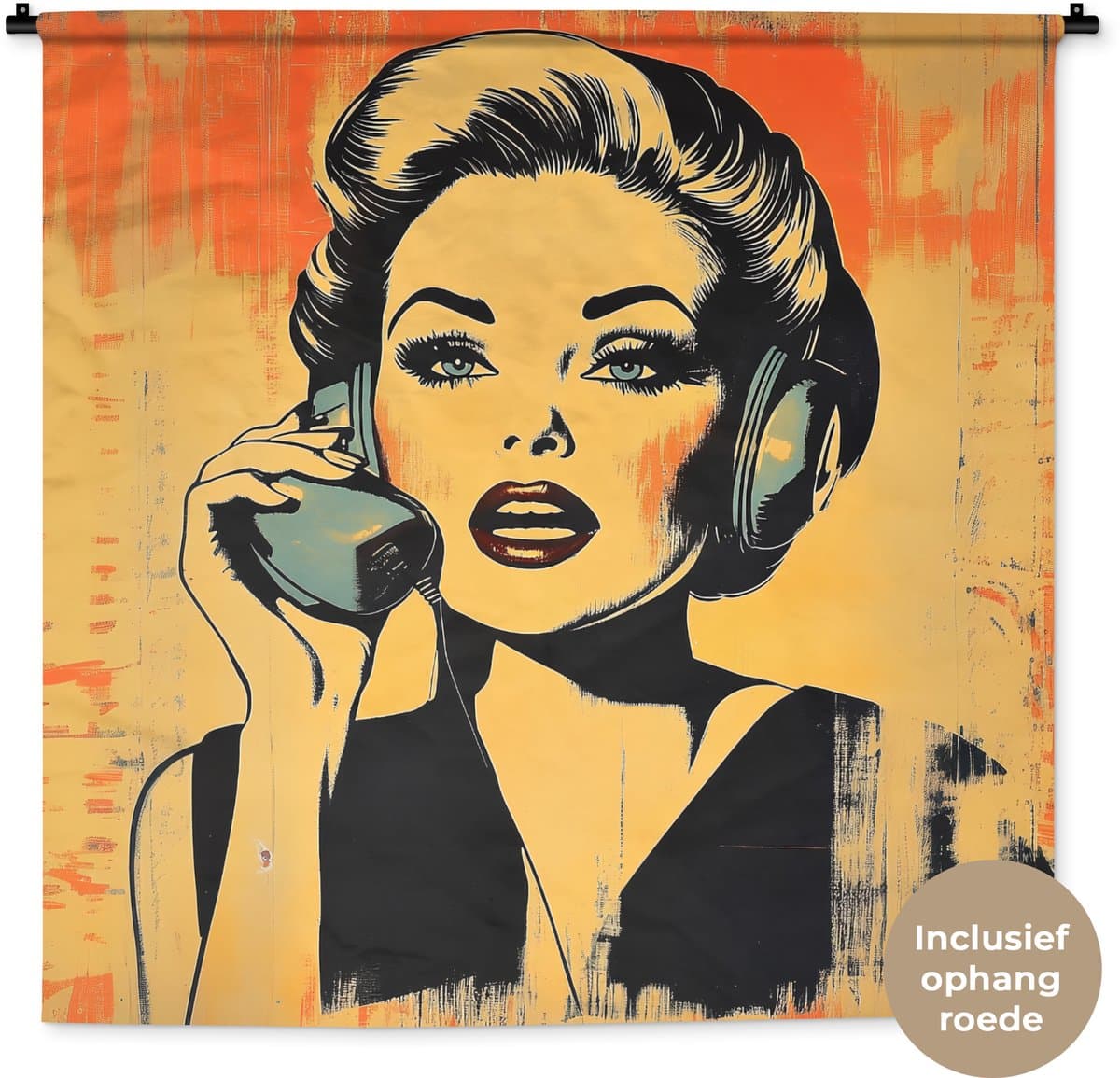 Wandkleed 120x120 cm - Wanddoek Retro - Vrouw - Koptelefoon - Oranje - Wandtapijt - Wandkleden