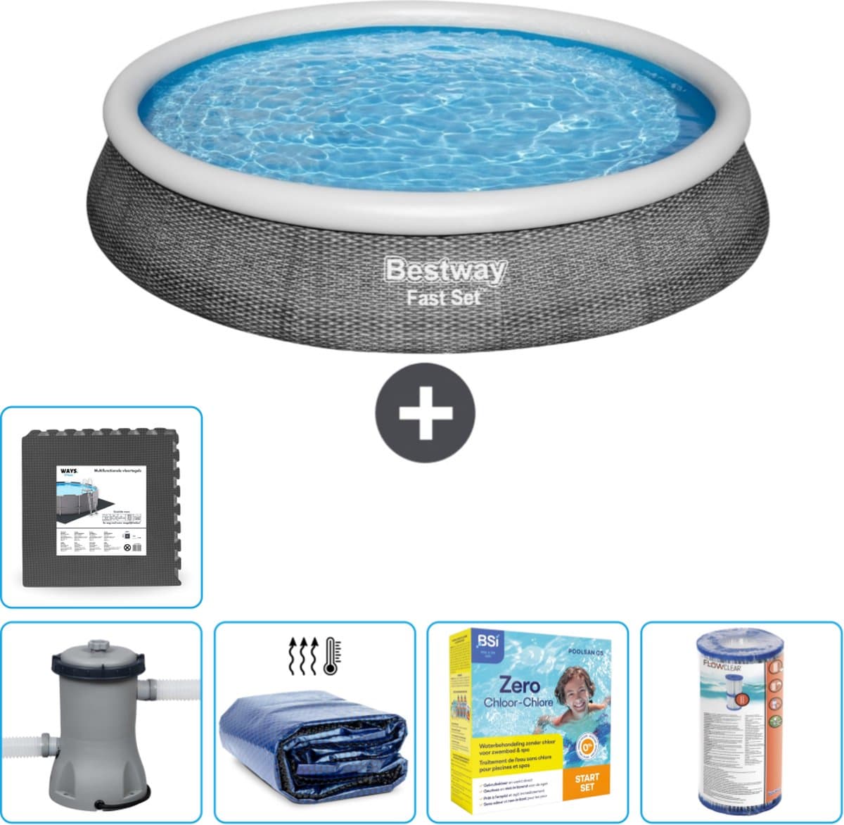 Bestway Rond Opblaasbaar Fast Set Zwembad - Rotanprint - 396 x 84 cm - Inclusief Pomp Solarzeil - Onderhoudspakket - Filter - Vloertegels