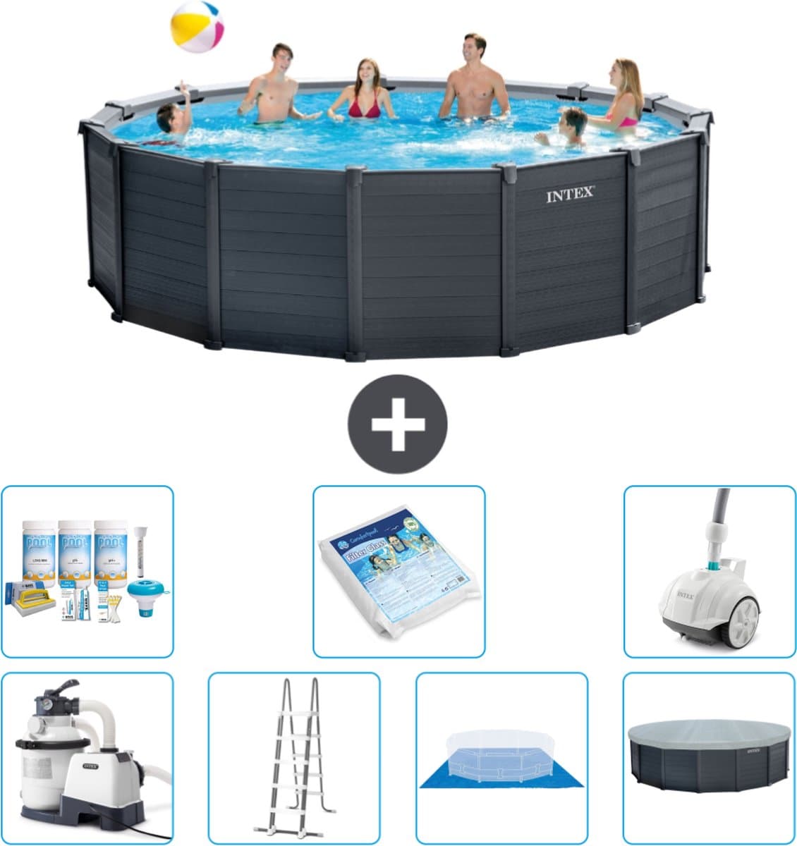 Intex Rond Graphite Gray Panel Zwembad - 478 x 124 cm - Inclusief Pomp - Ladder - Grondzeil - Afdekzeil Onderhoudspakket - Glasparels - Stofzuiger